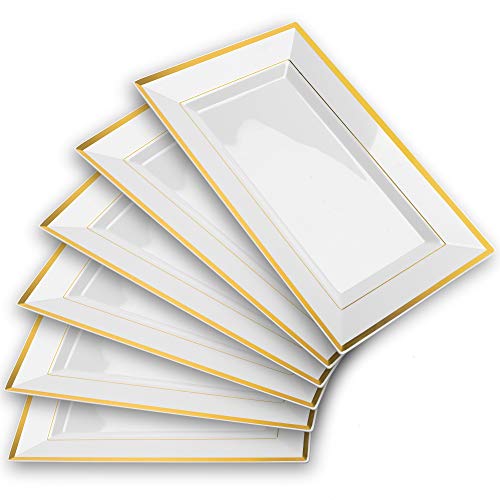 Elegant Plastic Serving Tray & Platter Set (6pk) - White & Gold Rim- 8x13 inches