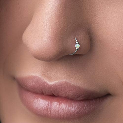 Tiny White Opal Nose Ring – Thin 24 Gauge 7mm nose piercing hoop - 925 sterling silver Nose Hoop