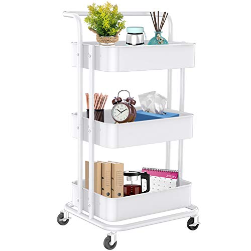 3 Tier Mesh Utility Cart, Rolling Metal Organization Cart w/ Handle and Lockable Wheels