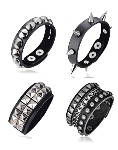 4Pcs Spike Studded Rivet Skull Demon Black Punk  Bracelet for Men/Women