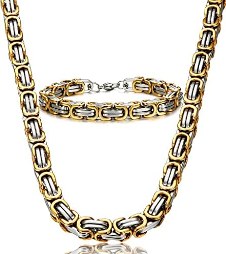 Stainless Steel Chain Necklace Byzantine Bracelet for Men Jewelry Sets