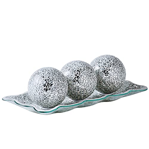 12.4” Mosaic Glass Decorative Tray Dish Plate w/ 3pcs 3" Decorative Orbs