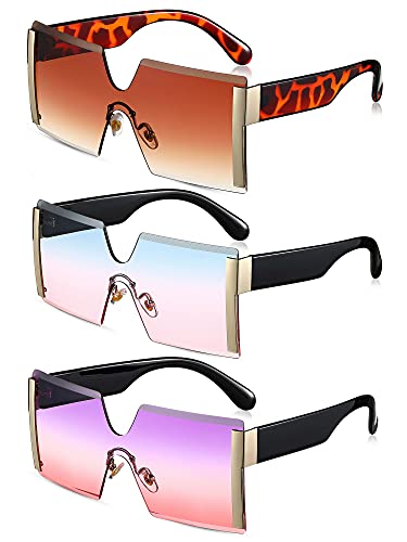 3 Pieces Oversized Square Sunglasses for Women Trendy Fashion Rimless Frame Glasses Transparent Eyewear