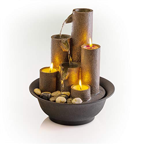 Tiered Column Tabletop Fountain w/ 3 Candles, 11 Inch Tall, Brown