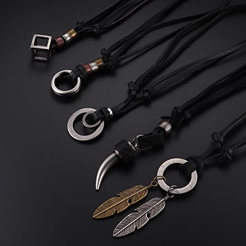 5 Pcs Leather Tribal Wolf Tooth Feather Pendant Sweater Chain Statement Necklace for Men Women