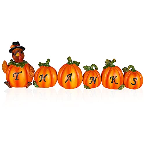 Set of 6 Tabletop Hand-Painted Resin Pumpkin Figurines Thanksgiving Decorations with Engraved Thanks