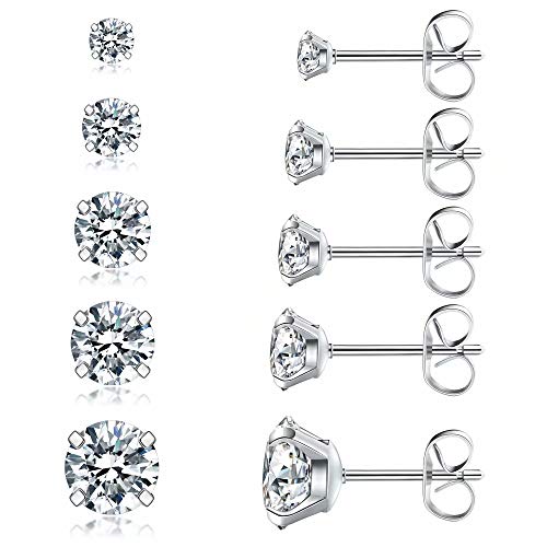 5 Pairs Stud Earrings Set, Hypoallergenic Cubic Zirconia 316L Earrings Stainless Steel CZ Earrings 3-8mm