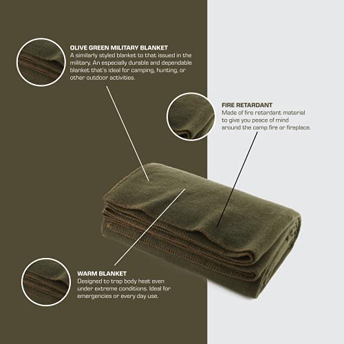 Olive Drab Green Warm Wool Fire Retardant Blanket, 66" x 90" (80% Wool)-US Military Style