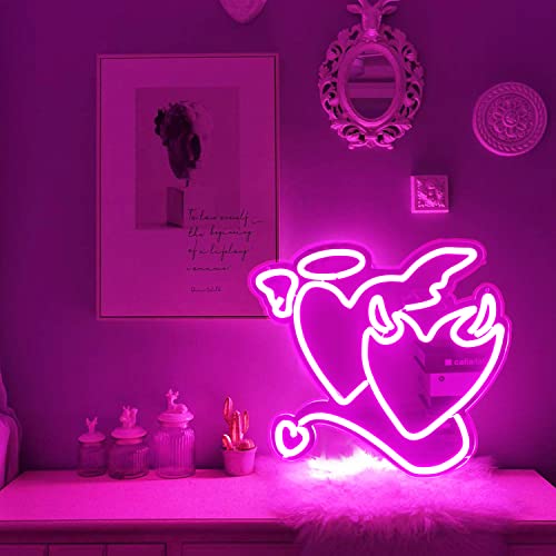 Pink Neon Sign  Heart Angel Demon for Wall Decoration