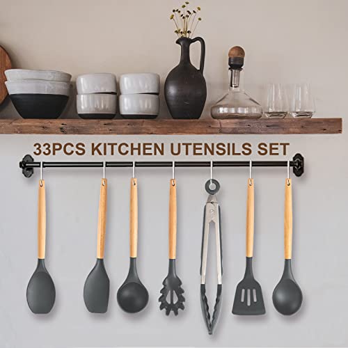 33 PCS Silicone Kitchen Cooking Utensils Set - Wooden Handles