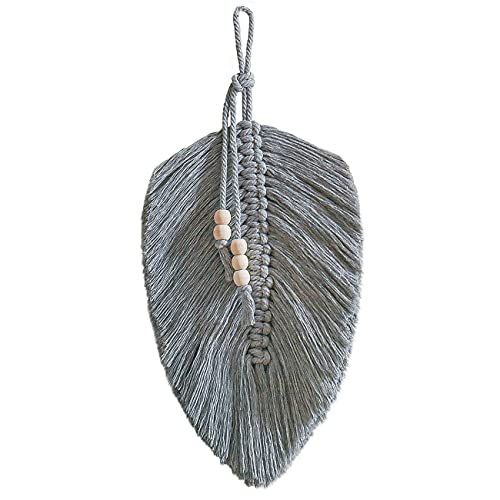 Cotton Macrame Feather Leaf w/  Wooden Beads Wall Decoration