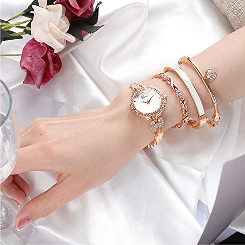 Elegant Rose Gold/Silver Watch & 3 Bracelets Set for Women