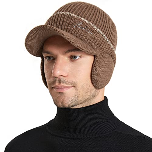 Men's Beanie w/ Visor -Warm Winter Knit Earflaps Hats