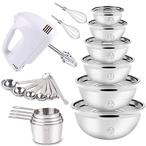 5-Speeds Mixers w/ 6 Nesting Stainless Steel Mixing Bowl, Measuring Cups & Spoons Whisk Blender