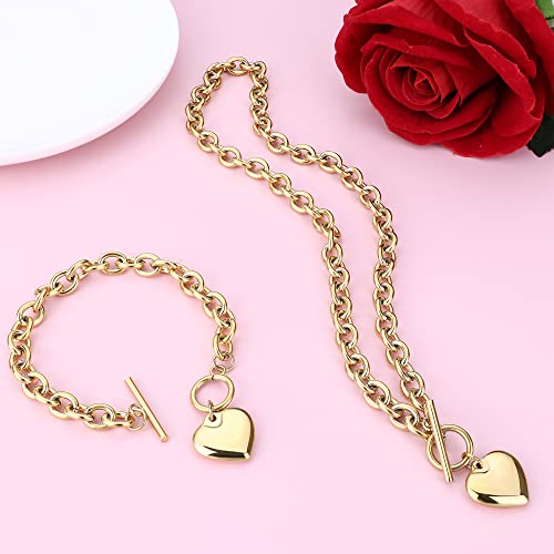 3Sets Heart Pendant Necklace Toggle Chain Heart Bracelet Heart Stud Earrings for Women