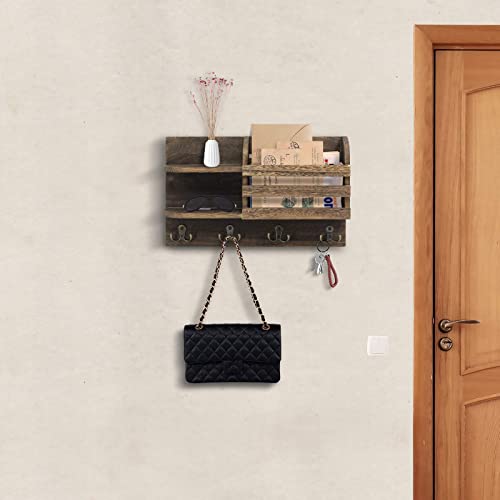 Wall Mounted Mail Holder Floating Shelves w/ Hooks for Keys, Letters, Bills