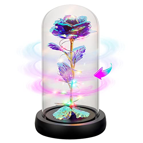 Rotating Romantic Roses Light Up Rose in Glass Dome, Spinning Colorful Artificial Rose Flower Gifts for Her