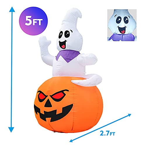 5 FT Halloween Inflatable Decoration Ghost Sitting on The Pumpkin w/ LEDs