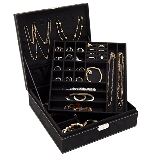 Two Layer Black Jewelry Box Organizer w/ Lock &  Key, Display Case w/ Removable Tray (10.5 x 10.5 inch)