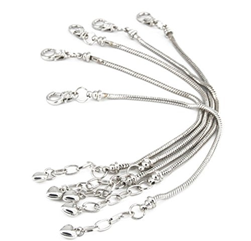 5pcs Women Silver Snake Chain Charm Bracelet Starter with Classic Bead Lobster Clasp Fits All Beads,7.5 inch