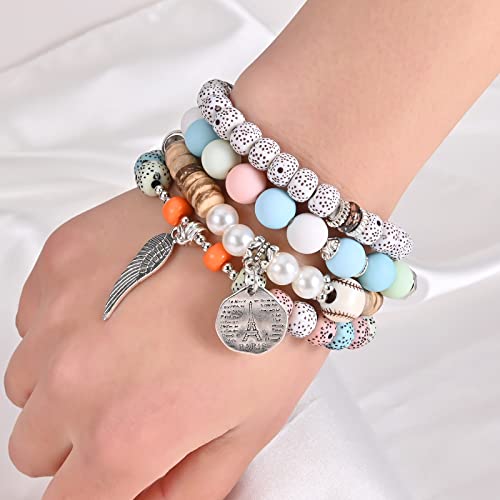 6 Sets Stackable Stretch Bracelets Multi-color Bohemian Bracelet Sets for Women