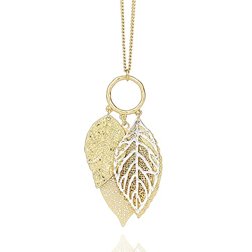 Two Tone Filigree Fall Leaf Pendant Long Necklace for Women