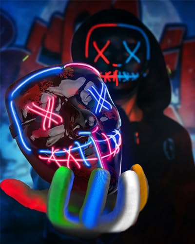 Halloween Mask Skeleton Gloves Set, 3 Modes Light Up Scary LED Mask with LED Glow Gloosture