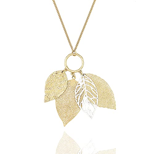 Two Tone Filigree Fall Leaf Pendant Long Necklace for Women