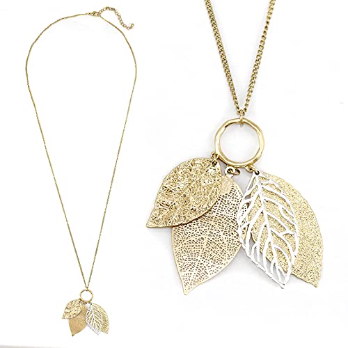 Two Tone Filigree Fall Leaf Pendant Long Necklace for Women