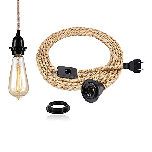 Pendant Light Kit with Switch - Vintage Lamp Cord w/ Twisted Hemp Rope E26 Socket Plug In