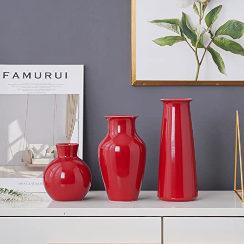 Set of 3 Red Ceramic Vase for Home Decoration