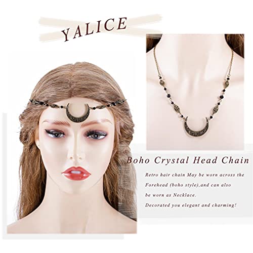 Boho Crescent Moon Head Chains Vintage Headpieces w/ Crystal Hair Chain