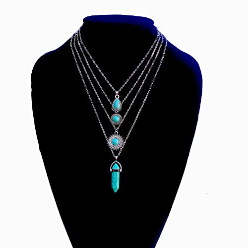 Silver Turquoise Layered Necklaces for Women Girls