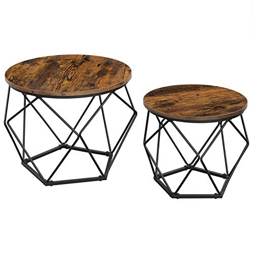 Round Coffee Table Set of 2 w/ Steel Frame Brown & Black