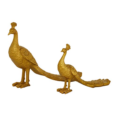 2 Farmhouse Resin Peacocks Sculpture, S/2 11", 14" H, Gold