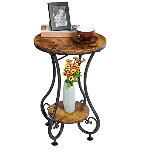 Round Side Table for Small Spaces, Rustic Brown & Black