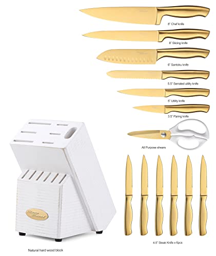 Knife Sets, Titanium Coated 14 Pieces Stainless Steel Hollow Handle