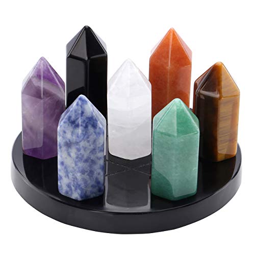 7 Chakra Star Group Healing Crystal Quartz Energy Stone Hexagonal Point Array w/ Obsidian Stand & Box