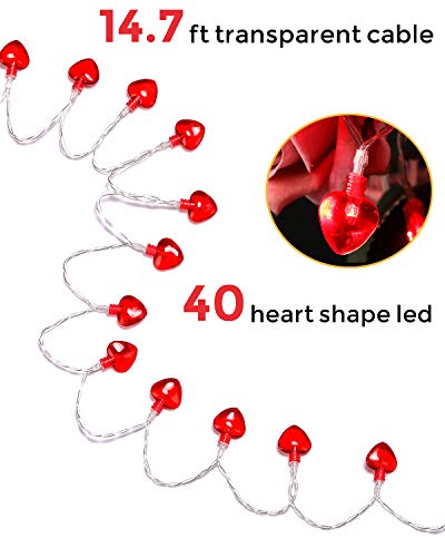 14.5ft 40LED Valentines Day Decorations String Lights, Heart Shape