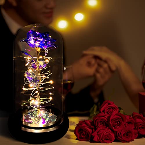 Rotating Romantic Roses Light Up Rose in Glass Dome, Spinning Colorful Artificial Rose Flower Gifts for Her