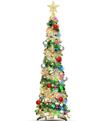 Dual Color Change Lights & Timer - 5 Ft Tinsel Christmas Tree Ball Ornaments Star Pop up Christmas Tree Battery