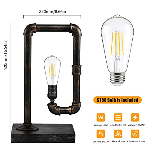 Touch Control Iron Piping Table Lamp, 3-Way Dimmable w/ Dual USB Charging Port (Bulb is Included)