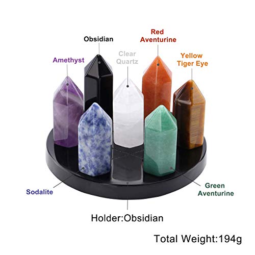 7 Chakra Star Group Healing Crystal Quartz Energy Stone Hexagonal Point Array w/ Obsidian Stand & Box