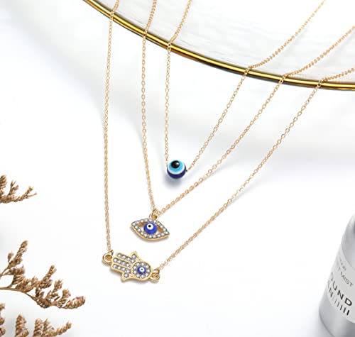 Gold Dainty Evil Eye Necklace & Hamsa Necklace Turkish Blue Eye Pendant for Women