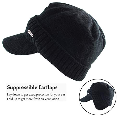 Mens Winter Beanie Visor w/ Earfaps & Fleece Hat Scarf Set