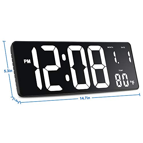 14.5" Large Digital Wall Clock w/ Jumbo LED Number Display, Auto DST, Date, Indoor Temperature