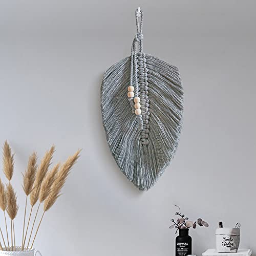 Cotton Macrame Feather Leaf w/  Wooden Beads Wall Decoration