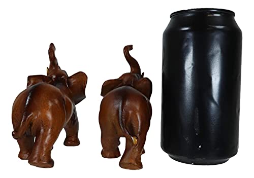 Faux Wood Feng Shui Elephant w/ Trunk Up Statue Set of 2 for Home Decoration