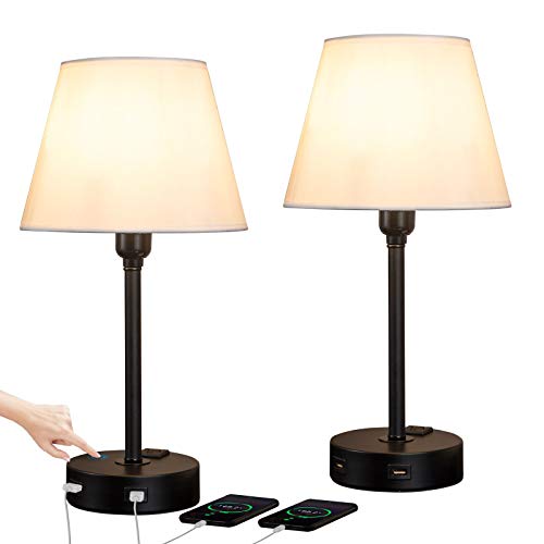 Touch Control Table Lamp Built in Dual USB Ports & AC Outlet, White Fabric Shade 3 Way Dimmable