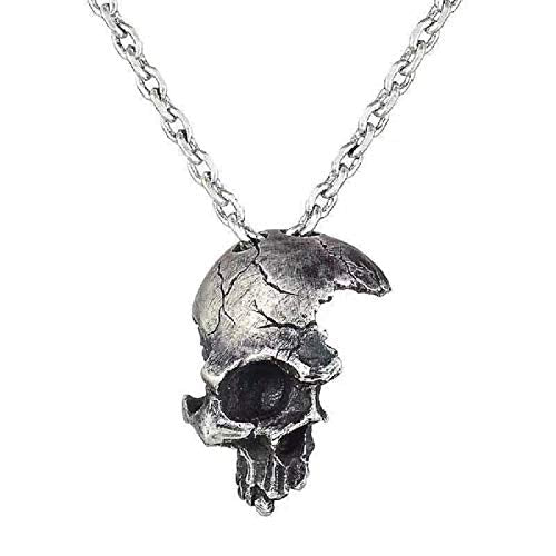 Broken Damaged Half Face Skull Pendant Necklace w/ Chain (Silver)